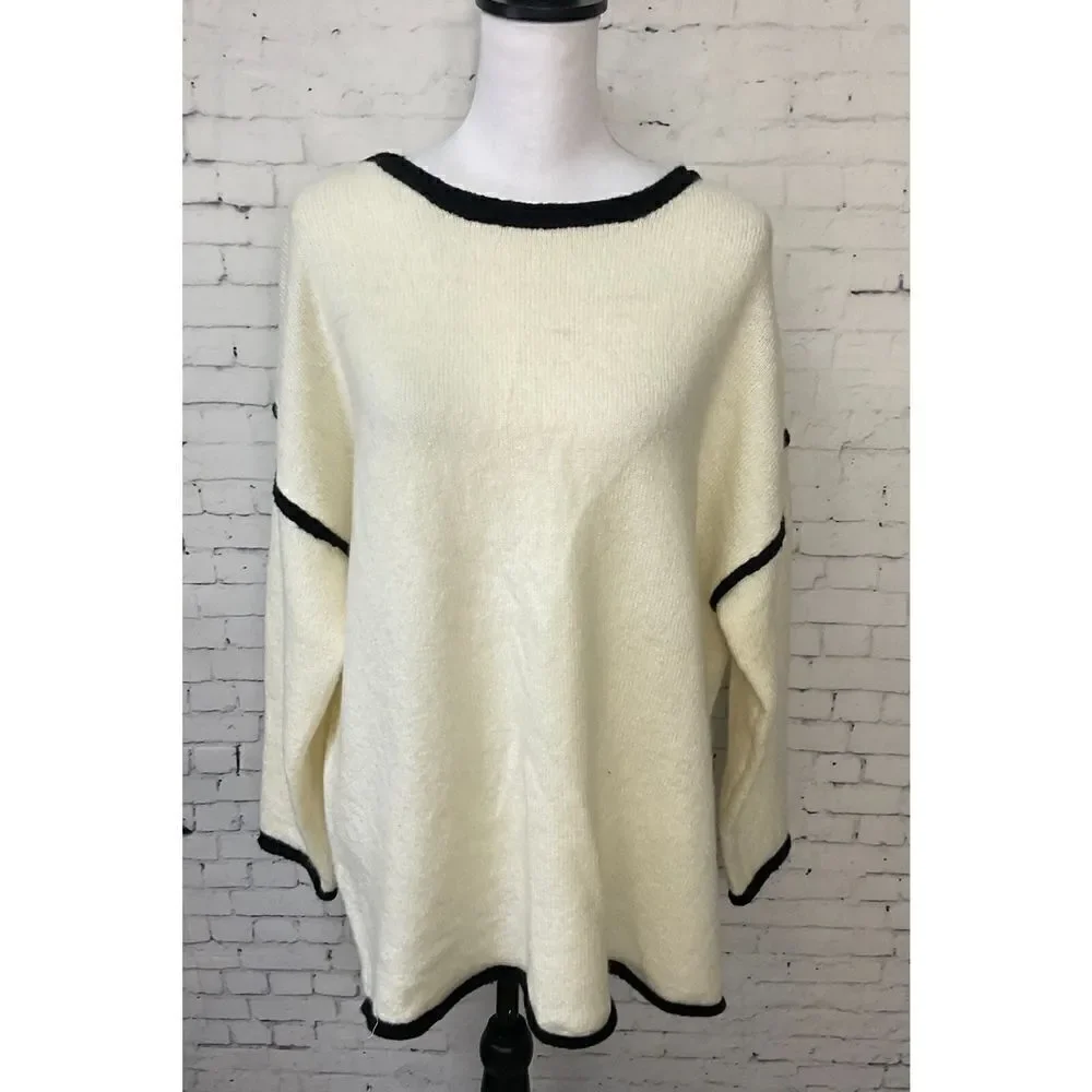 Vine And Love Women L Cream Sweater Black Trim Oversized Comfort Long Sleeve N2 - Picture 12 of 12